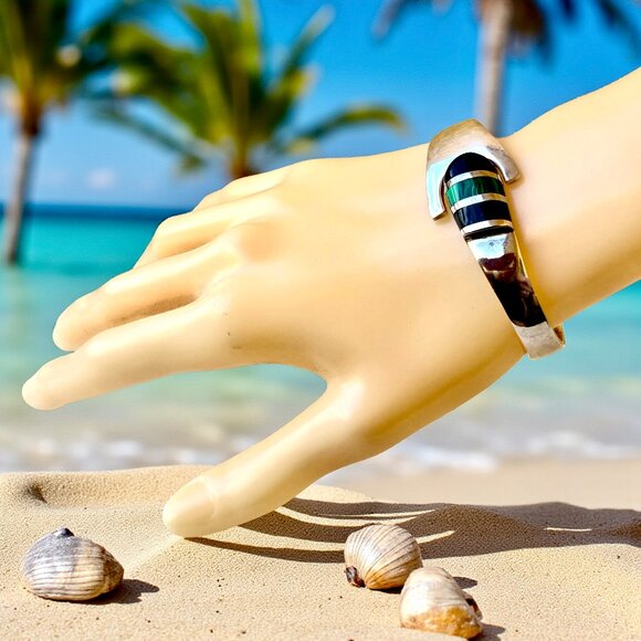 Sterling Silver 925 Bracelet Malachite + Onyx Hinged Bracelet Taxco Mexico 52 gr - Picture 2 of 16